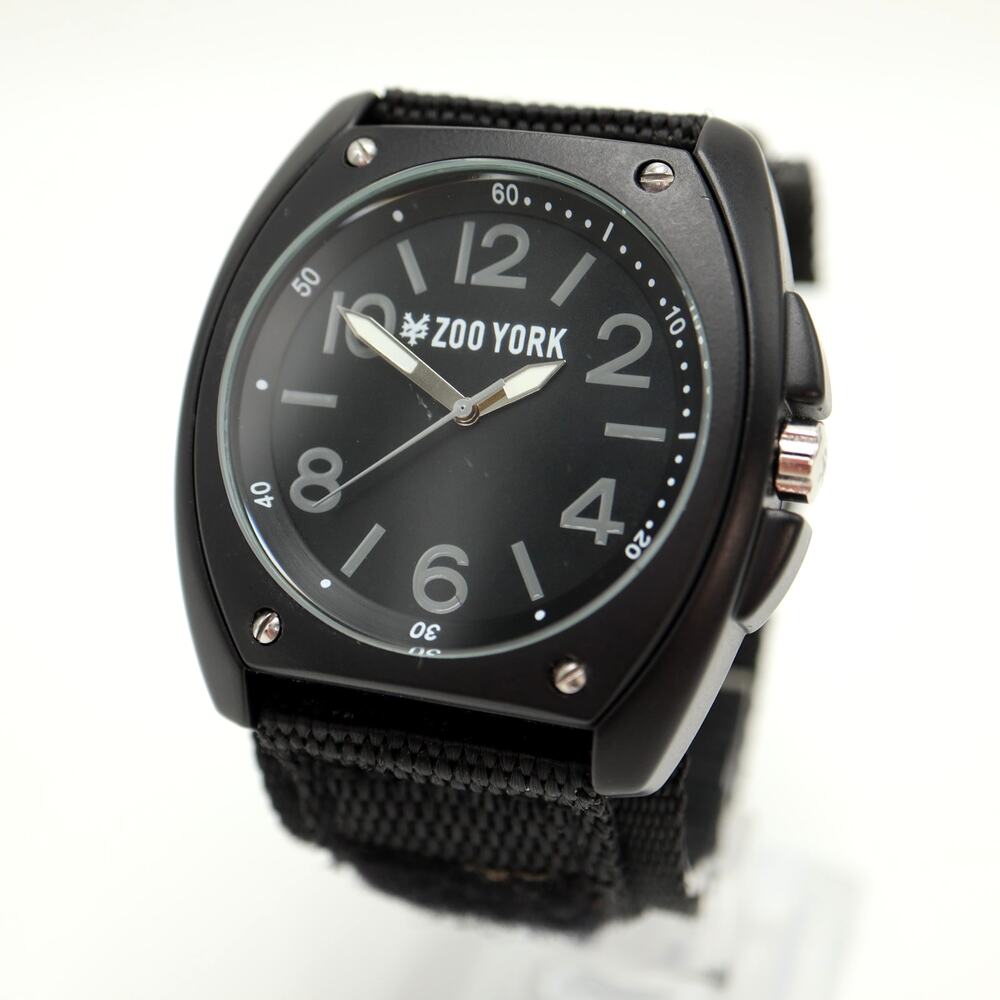 Zoo York Men Black Analog Stealth 45mm Watch Nylon Hook Loop Strap w New Battery